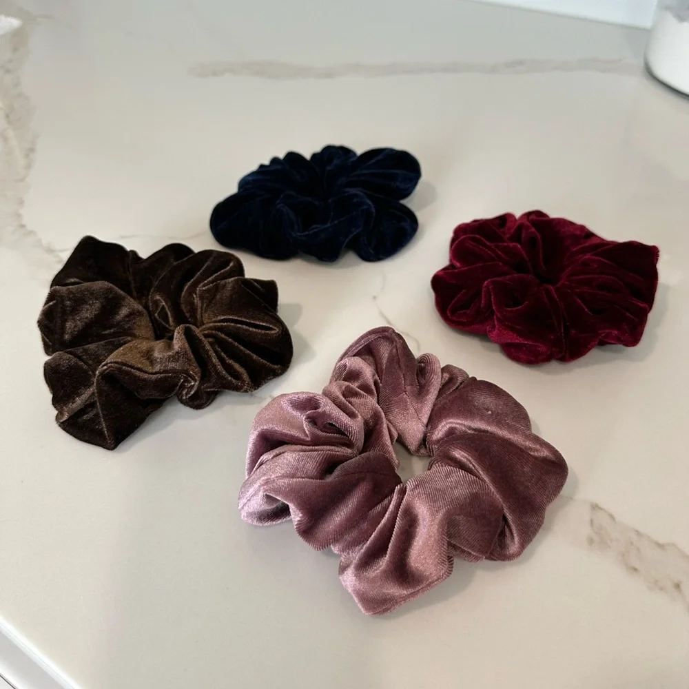 4 Beautiful velvet hair scrunchies pony holders. New!! Gorgeous colors